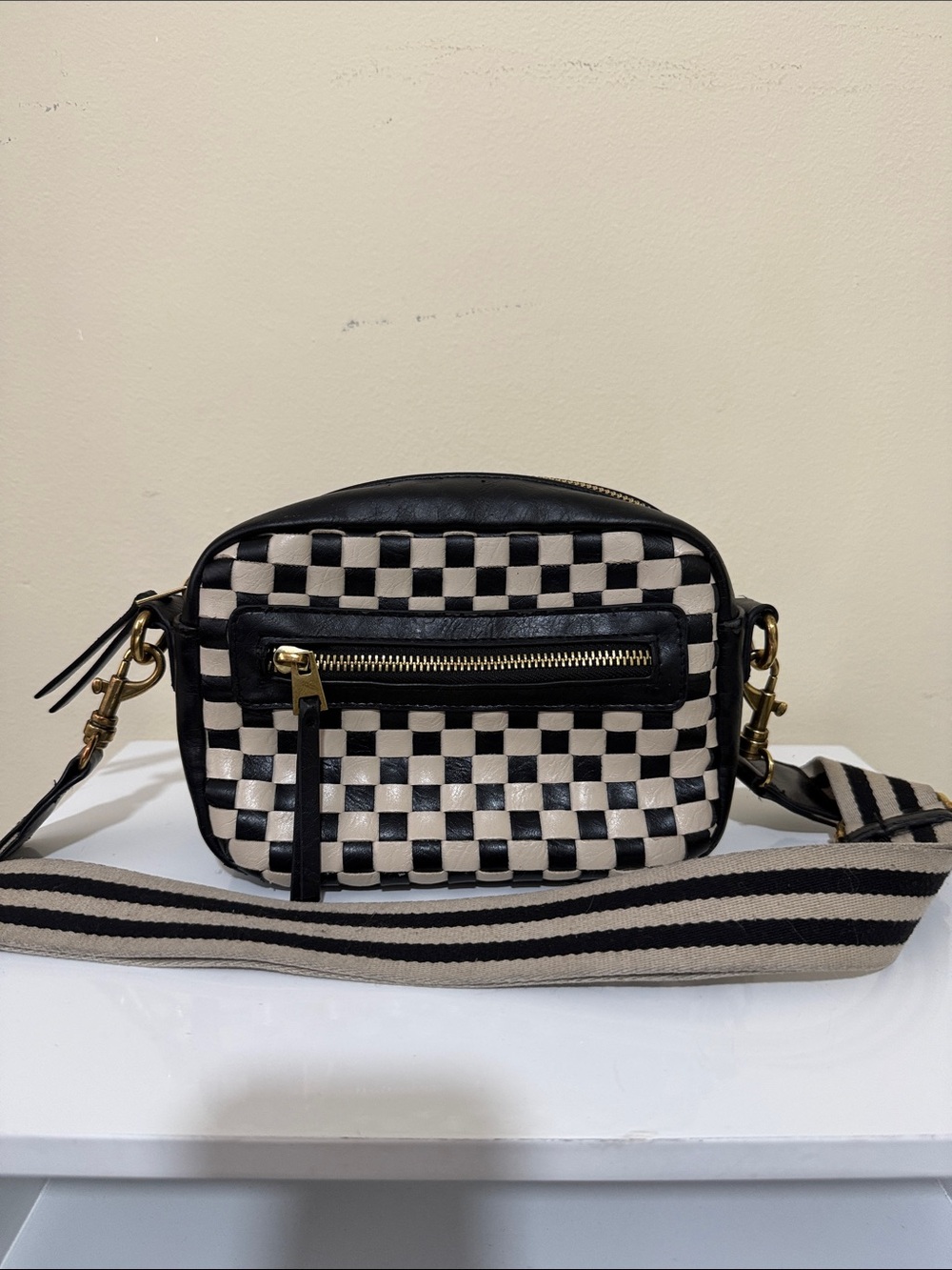Universal Thread Black and Cream Checkered Crossbody Bag with Striped Strap